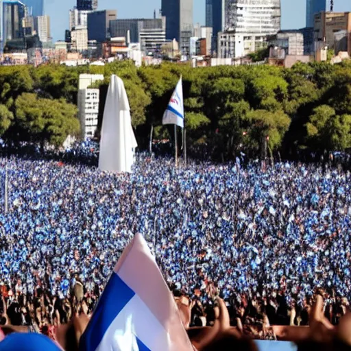 Image similar to Lady Gaga as president, Argentina presidential rally, Argentine flags behind, bokeh, giving a speech, detailed face, Argentina