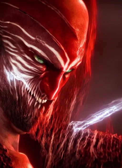 Prompt: red facial stripe armored screaming kratos rocking out on a flaming stratocaster guitar, cinematic render, god of war 2 0 1 8, playstation studios official media, lightning, flames, left eye red stripe, red left eye stripe, left eye red stripe, red left eye stripe, clear, coherent
