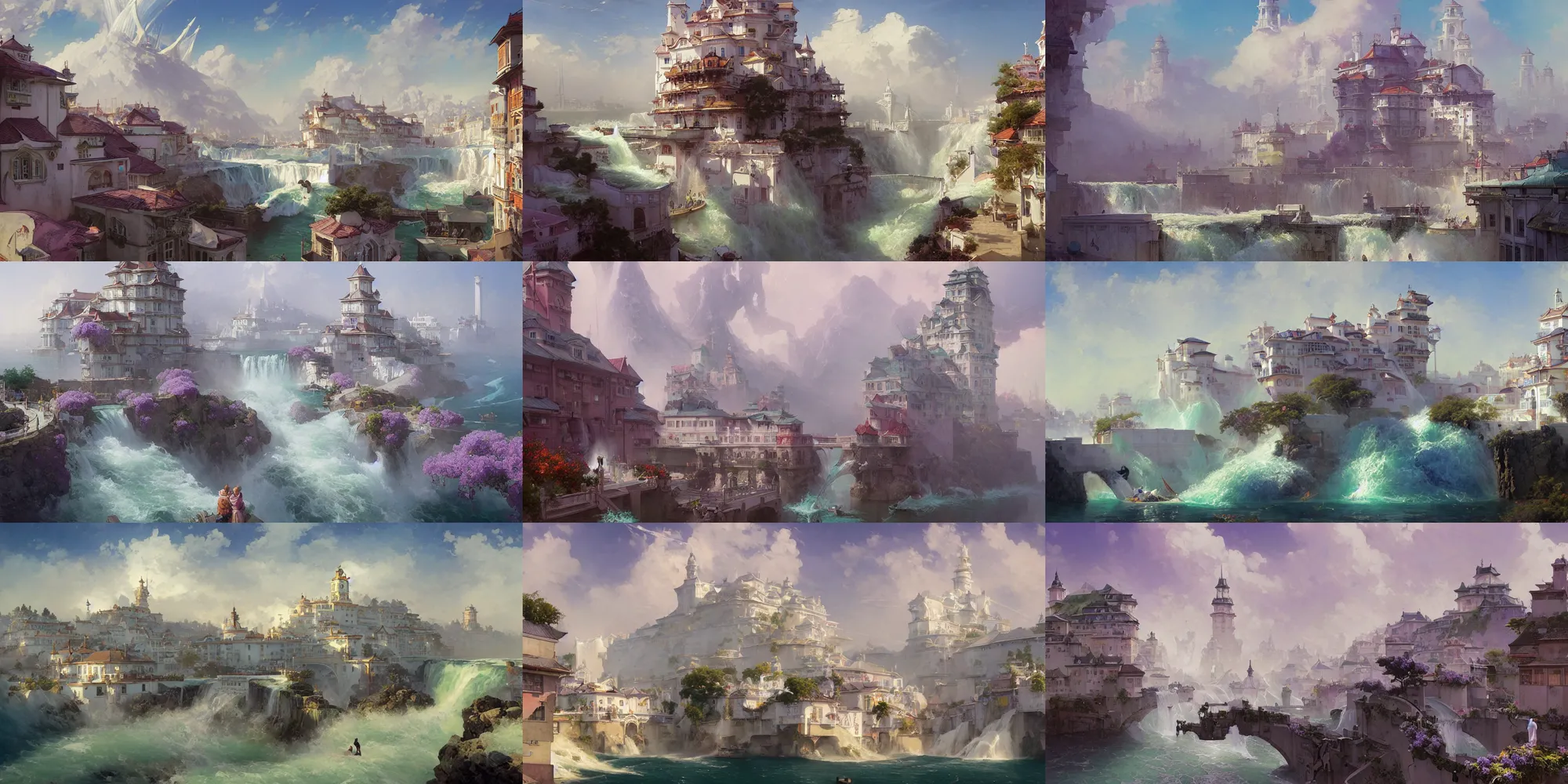 Prompt: port city with waterfalls, white buildings with lavender color roofs, bridges, lilac bushes, art nouveau architecture, fantasy, art by joseph leyendecker, peter mohrbacher, ivan aivazovsky, ruan jia, reza afshar, marc simonetti