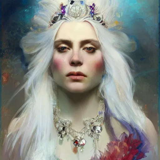 Prompt: a beautiful white haired young 🦍, adorned with precious stones, tiara and necklace by jeremy mann and alphonse mucha, photo realistic, dynamic lighting, windy, artstation, poster, dreamy, volumetric lighting, ethereal, 4 k, high detail