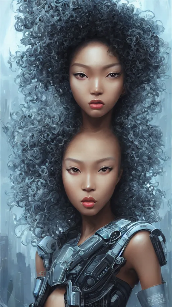 Prompt: ultra realistic elegant futuristic cyberpunk art, beautiful alluring anime blasian woman, afro big curls with highlights, haute couture, gorgeous face and figure, sci - fi, fantasy, intricate, elegant, highly detailed, digital painting, artstation, concept art, smooth, sharp focus, illustration, art by tian zi and yuxiang chen and artgerm and greg rutkowski