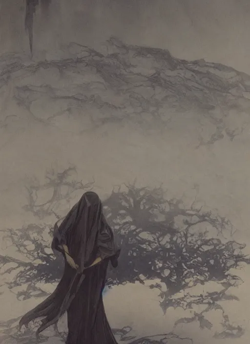 Prompt: nazgul, film cinematography, atmospheric lighting, natural lighting, nazgul from lord of the rings, wide shot, by alphonse mucha and alan lee and john howe and zdzisław beksinski