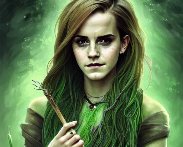Prompt: portrait of emma watson as a swamp witch, green colored skin, green hair, holding a caduceus staff, messy hair, deep focus, d & d, fantasy, intricate, elegant, highly detailed, digital painting, artstation, concept art, matte, sharp, illustration, hearthstone, art by artgerm and greg rutkowski and alphonse mucha