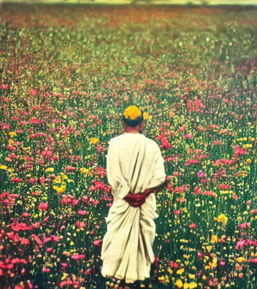 Prompt: mystical hindu god standing in tall meadow of flowers, distant, ww1 film photo, grainy, high detail, high resolution