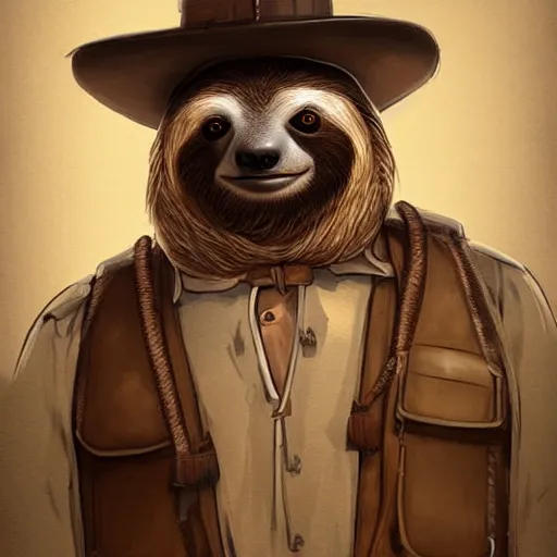 Prompt: Digital art of a sloth dressed like an old west prospector, digital character art in the style of Mandy Jurgens, trending on artstation