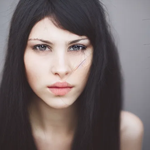 Prompt: young woman with messy long black hair, 1 3 5 mm nikon portrait