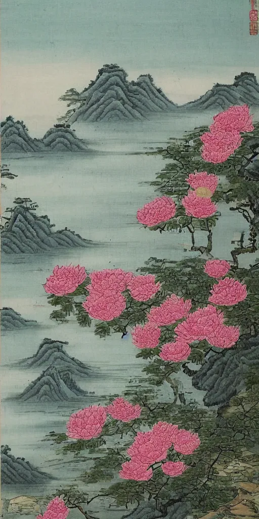 Image similar to summer manor with peony flowers and lake, chinese landscape painting