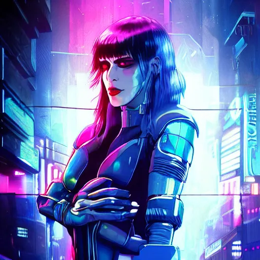 Prompt: cyberpunk Blade Runner 2077 Ghost in the Shell big bust beautiful synthwave witch girl in cool blue latex dress, blue latex gloves, big ruby rings, monitor glasses