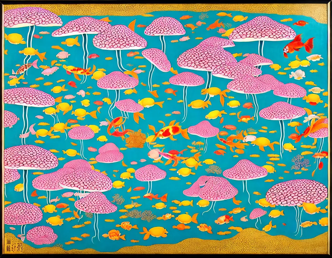 Prompt: vase of mushroom in the sky and under the sea decorated with a dense field of stylized scrolls that have opaque pink outlines, with koi fishes, ambrosius benson, kerry james marshall, afrofuturism, oil on canvas, history painting, hyperrealism, light color, no hard shadow, around the edges there are no objects