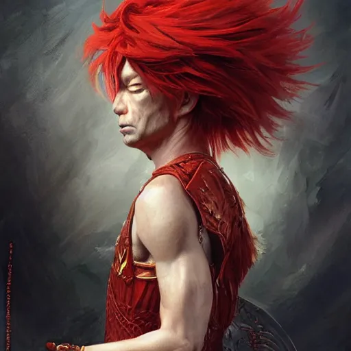Image similar to an epic portrait of a person looking like donald trump wielding a spear, magical aura of insanity, intricate hakama, poofy red wig, eerie, highly detailed, dark fantasy, art by artgerm and greg rutkowski