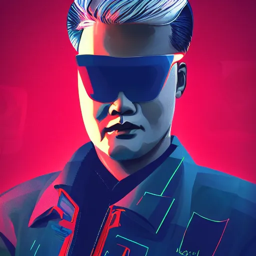 Image similar to cyberpunk kim jong ill as the leader of a futuristic communist nation, cybernetics, sharp lines, digital, artstation, colored in