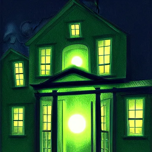 Prompt: Tim Jacobus art, haunted mansion, outside, upward angle, green light coming from window, ghosts night sky, lighting, clouds, artgerm, realistic, horror