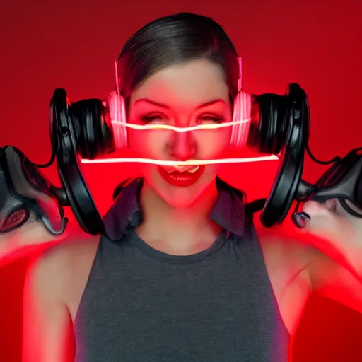 Image similar to cybernetic faceless female warrior with glowing red headphones