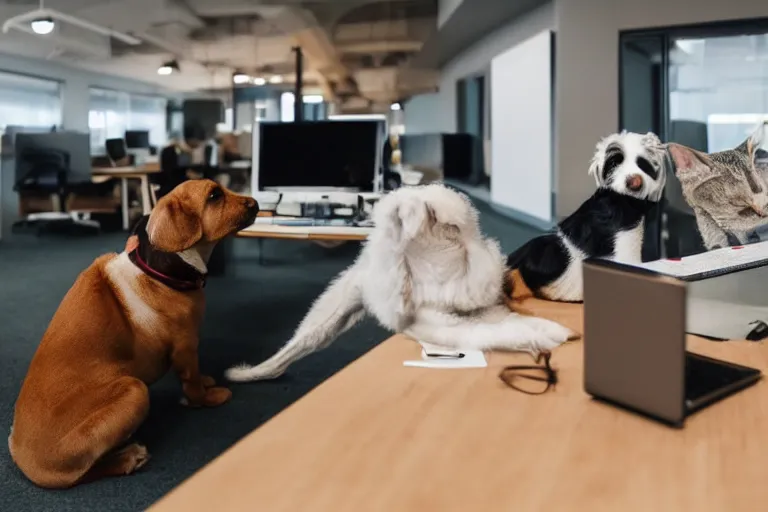 Prompt: pets are working in co - working spaces or modern offices, no people