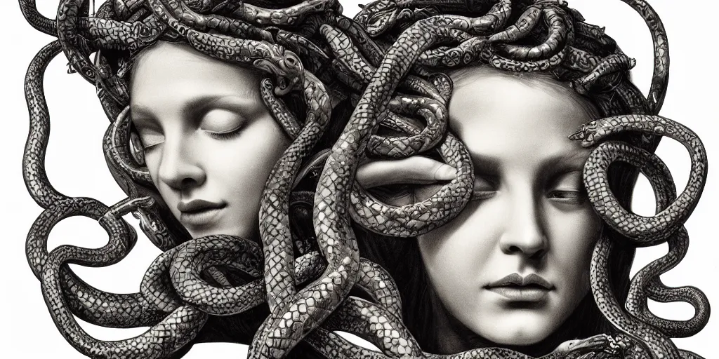 Image similar to realistic portrait of beautiful medusa with her snakes, golden, delicate, facing camera, hyper realism, 1 4 5 0, ink, ultra realistic, 8 k