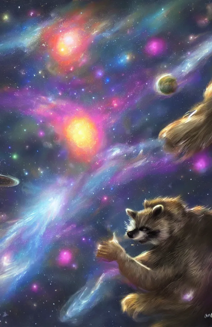 Prompt: A digital concept art painting a space cosmic racoon in the stars, space art concept