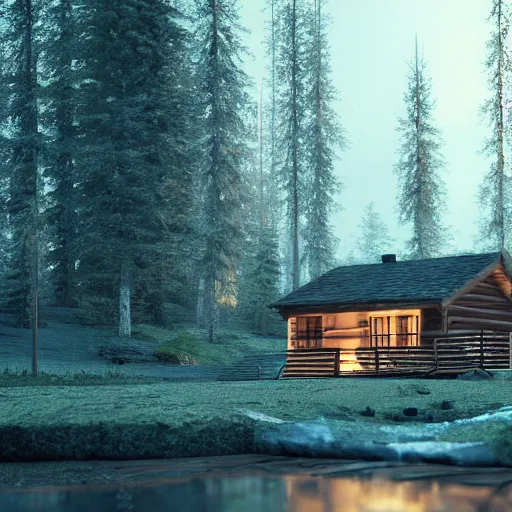 Image similar to a cabin in the woods, octane render