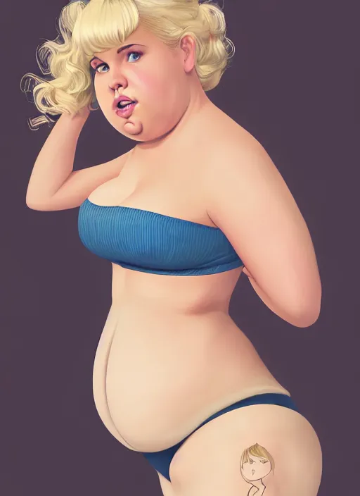 Image similar to full body teenage betty cooper, blonde hair, obese, bangs, ponytail, sultry, realistic, sultry smirk, ponytail, fluffy bangs, curly bangs, fat, belly, beautiful girl, intricate, elegant, highly detailed, digital painting, artstation, concept art, smooth, sharp focus, illustration, art by wlop, mars ravelo and greg rutkowski