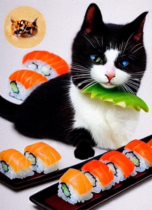 Image similar to clear photorealistic picture of adorable cats made out of sushi