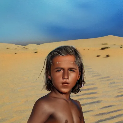 Image similar to a detailed portrait of a tan boy in the desert, art illustration, incredibly highly detailed and realistic, 8 k, sharp focus