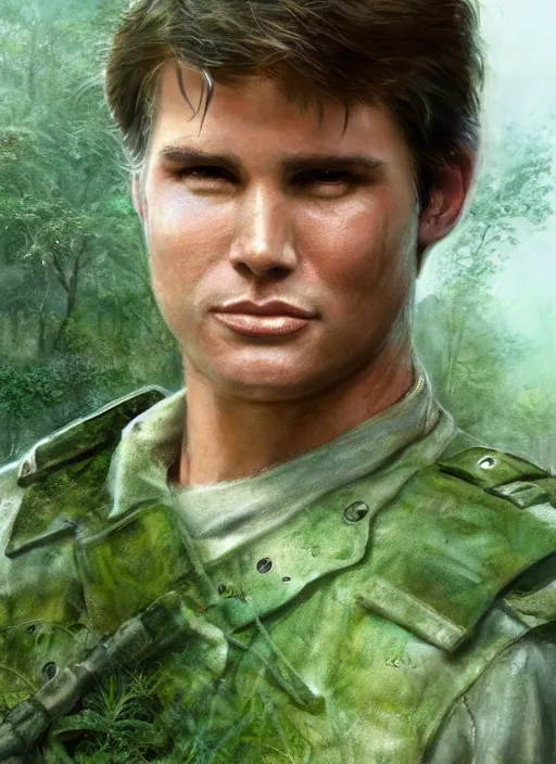 Image similar to portrait of a young richard dean anderson wearing a green combat uniform, in a post appocalyptic city overgrown by plants, by wlop, by luis royo, cover illustration, concept art, volumetric lighting, volumetric atmosphere, sharp focus, octane render, trending on artstation, 8 k