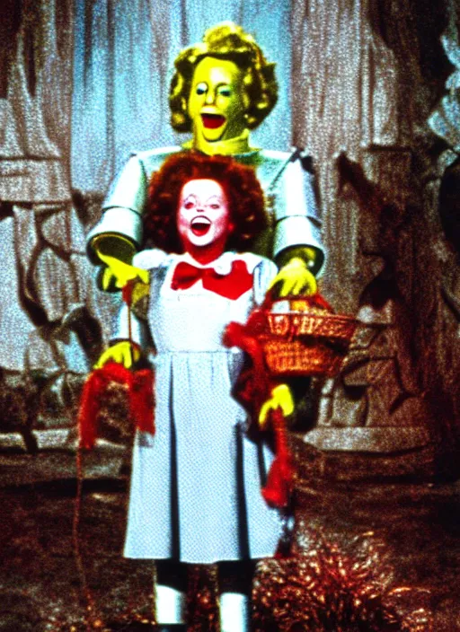 Image similar to an award winning scene still of ronald mcdonald in the wizard of oz movie, gloomy atmosphere, digitally enhanced colour restoration