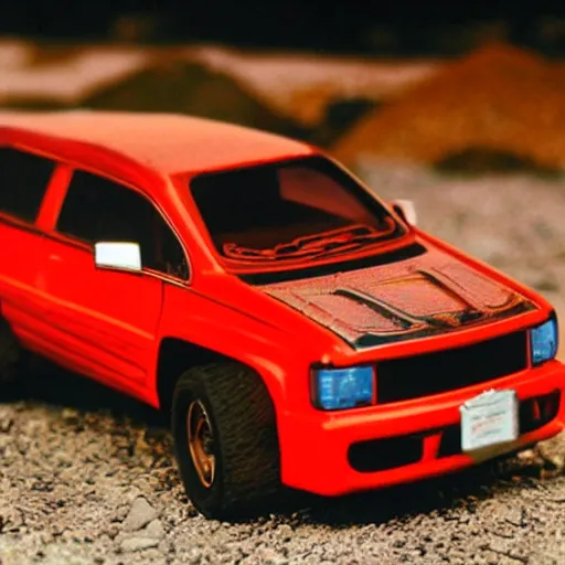 Image similar to 3 5 mm photo of metallic red aztek car like hot wheels model in area 5 1 as background