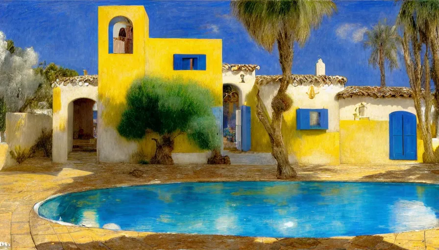 Image similar to a 1 9 9 8 southern spain house!!! costa blanca, designed by bispo do rosario, arnold bocklin, jules bastien - lepage, tarsila do amaral, arthur and gustave baumann, cheval michael, warm, mediterranean, star, sharp focus, colorful refracted sparkles and lines, soft light, 8 k 4 k