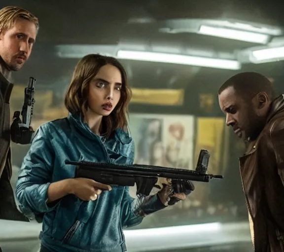 Image similar to a movie still of ana de armas aiming a gun with ryan gosling in the movie blade runner 2 0 4 9