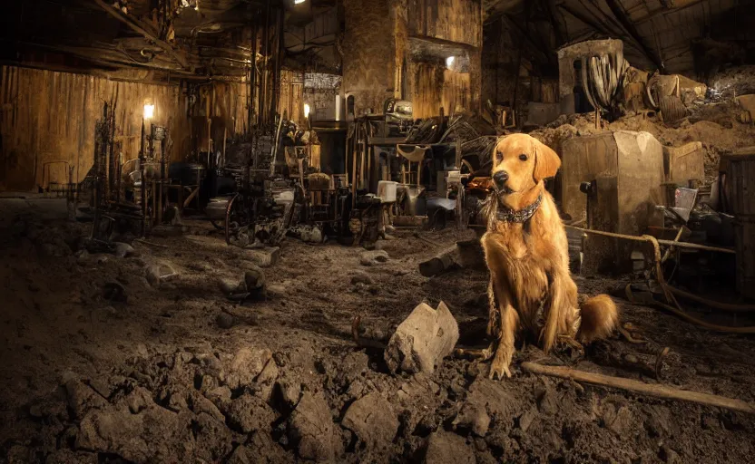 Prompt: a dirty golden retriever in a dimly lit gold mine with large piles of gold nuggets and wearing a black western hat and jacket, dim moody lighting, wooden supports and wall torches and pick axes, cinematic style photograph