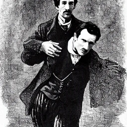 Image similar to Sherlock Holmes carrying Dr Watson on his back in the style of Sidney Paget