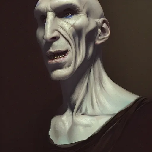 Prompt: portrait of voldemort, exudes terror, castle, mysterious breath, spitfire, photography, hyperrealistic, by greg rutkowski, smooth, illustration, elegant, artstation, digital painting.