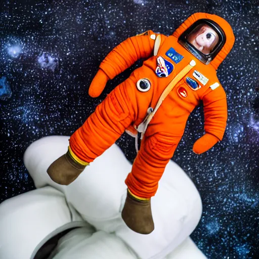 Image similar to Fumo plush of a Soviet cosmonaut in an orange spacesuit SK-1, Vostok-1, EOS-1D, f/1.4, ISO 200, 1/160s, 8K, RAW, unedited, symmetrical balance, in-frame