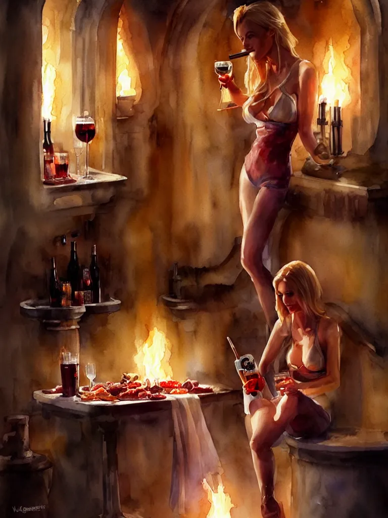 Image similar to blonde hot woman in wine cellar, boba fett, drinking beer, eating meat, cozy, inviting, atmospheric, torches on the wall, watercolor by vladimir volegov