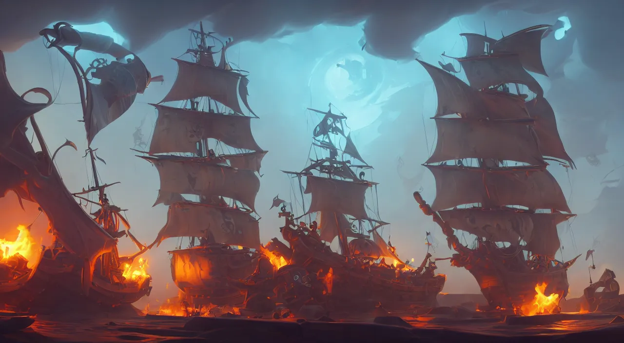 Image similar to a wide shot of a stylized 3D CGI fortnite pirate ghost ship with the black Jolly Roger flag, fantasy art overwatch and heartstone, by RHADS, symmetrical, cgsociety, artstation hq, octane render, 8k,