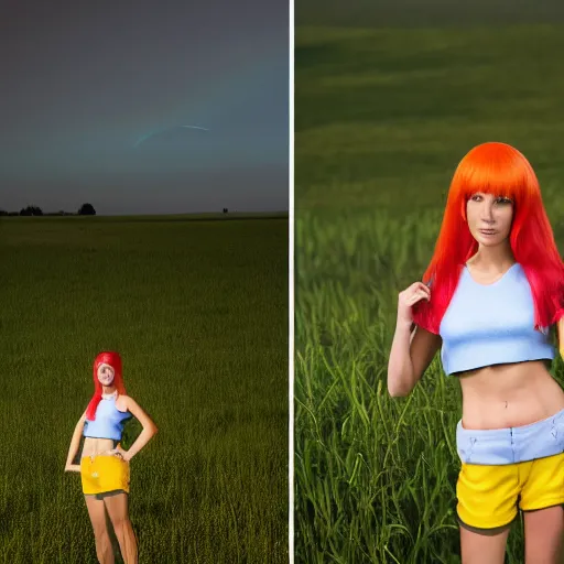 Image similar to misty from pokemon, her orange hair in a side ponytail, wearing a yellow shiort sleeved crop top and blue daisy duke shorts with red suspenders on top, standing in a field, by gottfried helnwein, dslr full body portrait, sigma 8 5 mm f 1. 8