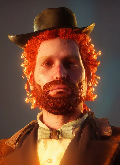 Image similar to glowwave portrait of curly orange hair man from red dead redemption 2, au naturel, hyper detailed, digital art, trending in artstation, cinematic lighting, studio quality, smooth render, unreal engine 5 rendered, octane rendered, art style by klimt and nixeu and ian sprigger and wlop and krenz cushart.