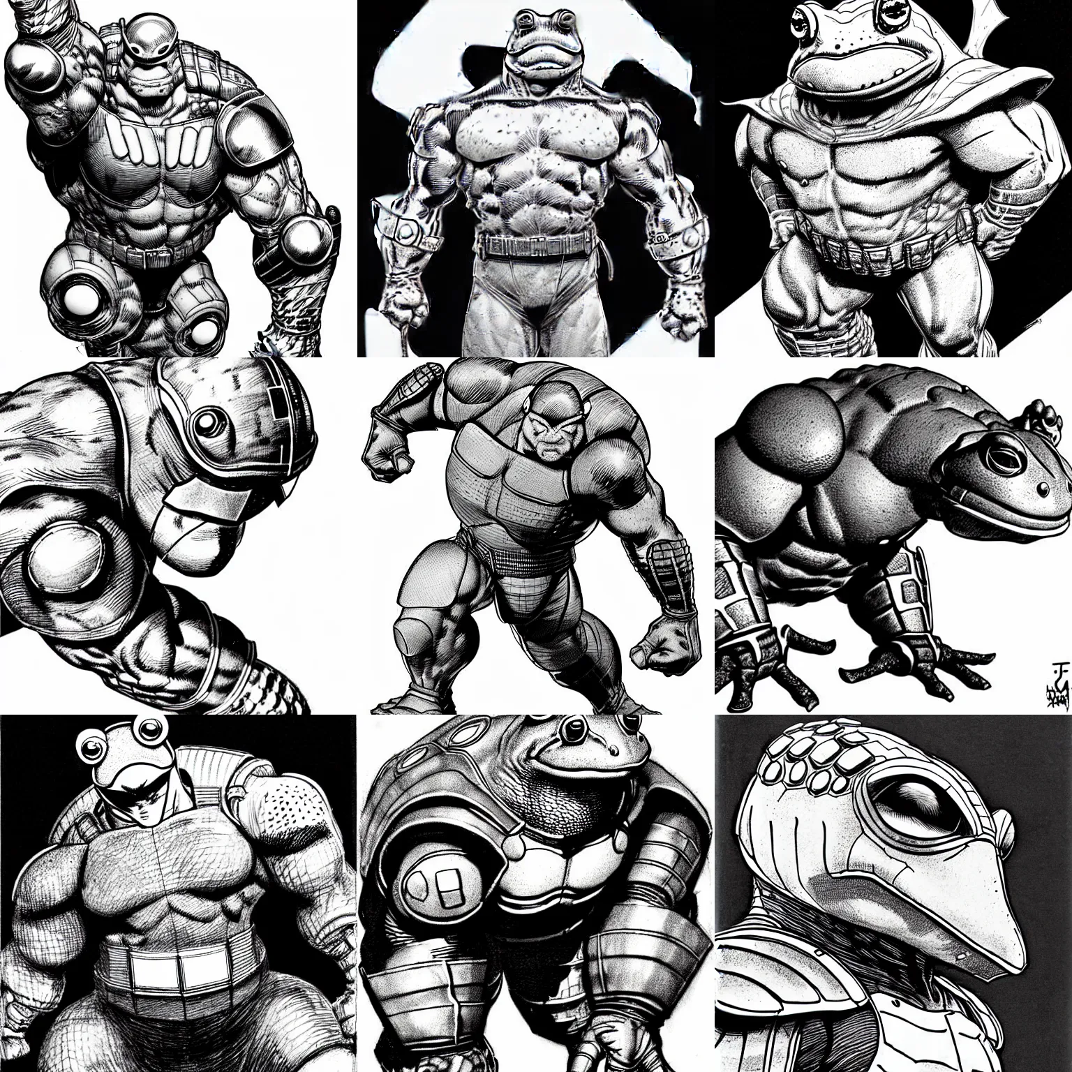 Prompt: toad animal!!! jim lee!!! sideview full shot!! flat grayscale ink sketch by jim lee close up in the style of jim lee, ( attention pose ) cyborg! battle armor rugged knight hulk toad animal superhero by jim lee