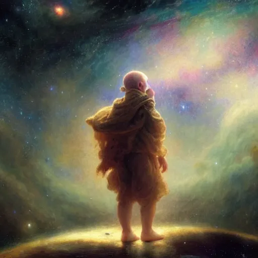 Image similar to a lonley and gloomy baby in middle of space surrounded by colorful stars planets and galaxies, high detail, by gaston bussiere, bayard wu, greg rutkowski, odd nerdrum, maxim verehin, dan dos santos, masterpiece, sharp focus, cinematic lightning