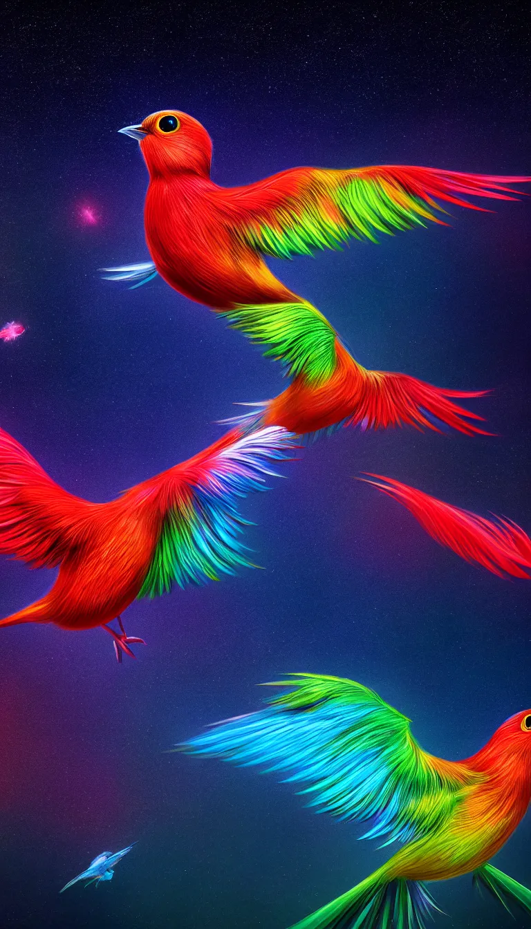 Prompt: highly detailed photo of seven colored bird flying in the dark space, hyper realistic, concept art, 8 k detail post - processing