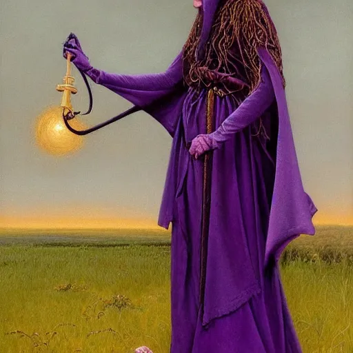 Prompt: portrait of a witch, dressed in purple, gold embroidery, by gerald brom.