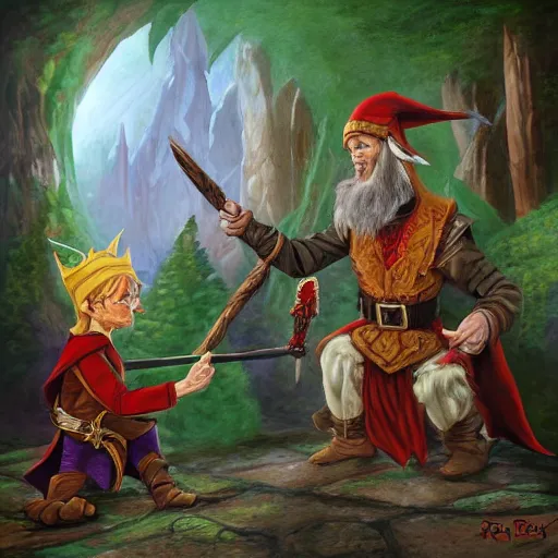 Prompt: elf meeting a dwarf by rob rey dungeons and dragons