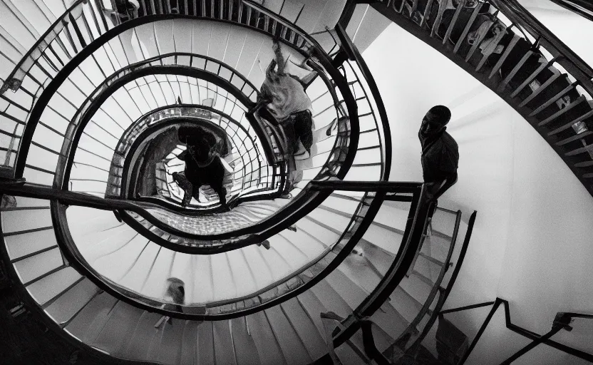 Image similar to zoomed out photo of frank ocean walking up a spiral staircase in the centre of the room, greyscale,