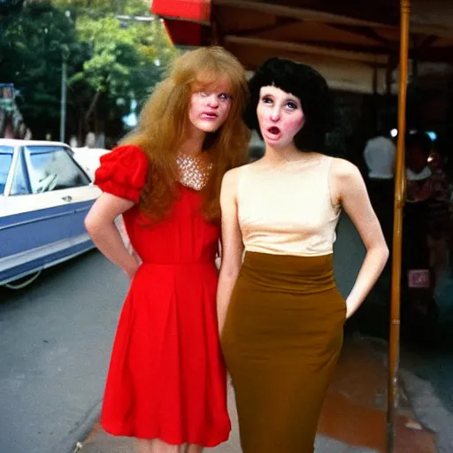 Image similar to 1981 color archival photo of a glamorous woman in a dress, and her friend, who looks like Casper the Friendly Ghost, in a sidewalk cafe, 16mm film soft color, earth tones and soft color 1981, live-action archival footage, in style of doris wishman russ meyer, woman looks like young mia farrow