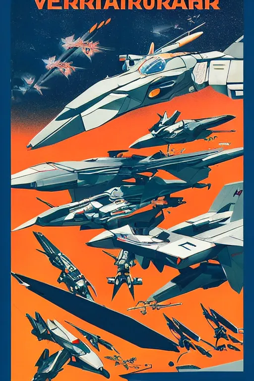 Prompt: poster art, movie poster, retrofuturism, sci - fi, textured, paper texture, a group of vf - 1 valkyrie robotech veritech fighters flying next to each other, poster art by by edward valigursky, saul bass and paul rand, dynamic composition