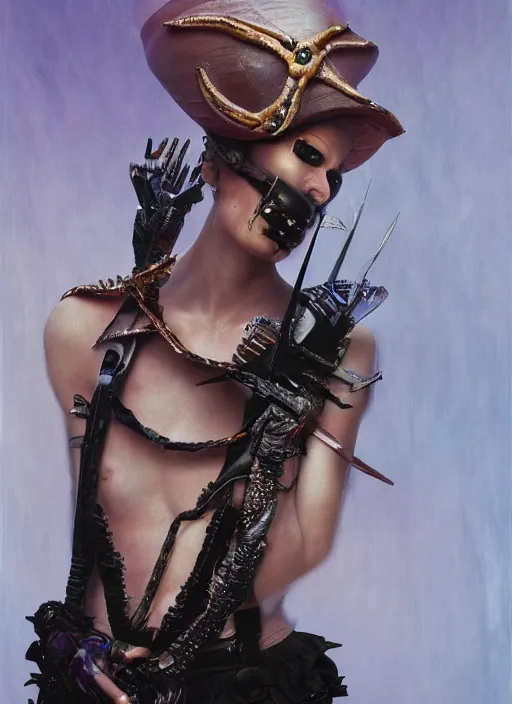 Image similar to a woman with iridescent skin, pirate weapons, by van herpen, iris