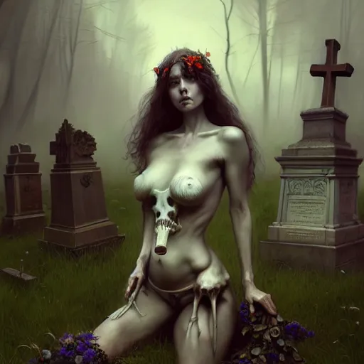 Prompt: bone goddess, beautiful girl, full body, bone throne, in a cemetary, realistic, serov, surikov, vasnetsov, repin, kramskoi, insanely detailed, charlie bowater, tom bagshaw, high resolution, octane rendered, unreal engine, illustration, trending on artstation, masterpiece, 8 k