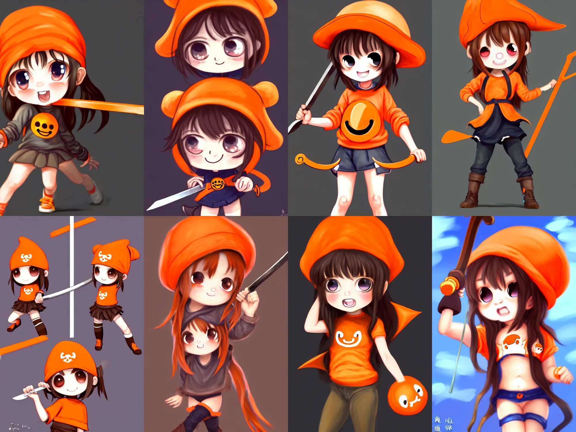 Prompt: Small curvy loli, cute face big eyes and smiley, small pointy ears, wearing orange cabbie hat pirate logo, and long orange sweatshirt, short brown hair ,side hair, swinging a big sword, in a fighting stance, digital painting, artstation, concept art, soft light, hdri, smooth, sharp focus, illustration, art by tian zi and craig mullins and WLOP and alphonse mucha, visual novel sprite