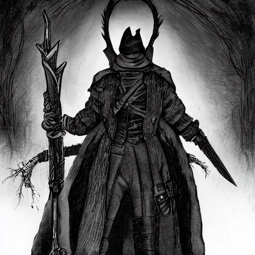 Image similar to elizabeth olson as a bloodborne hunter, in the style of bloodborne