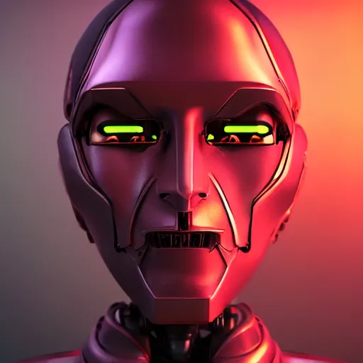 Prompt: a robot with the face of walt disney, cyberpunk photo, award winning portrait, uncanny valley, dynamic lighting, detailed face, sharp focus, cinestill 8 0 0 t, sci fi book cover, retro futurism